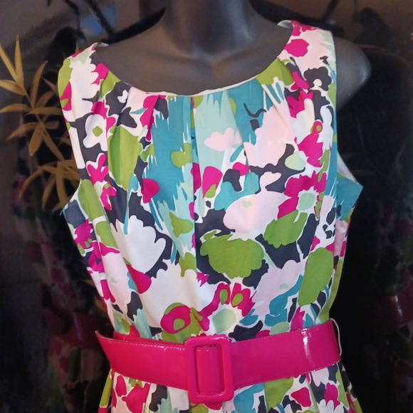 Julian Taylor New York Floral Belt Dress Pink Turquoise Green 14 - Picture 2 of 7